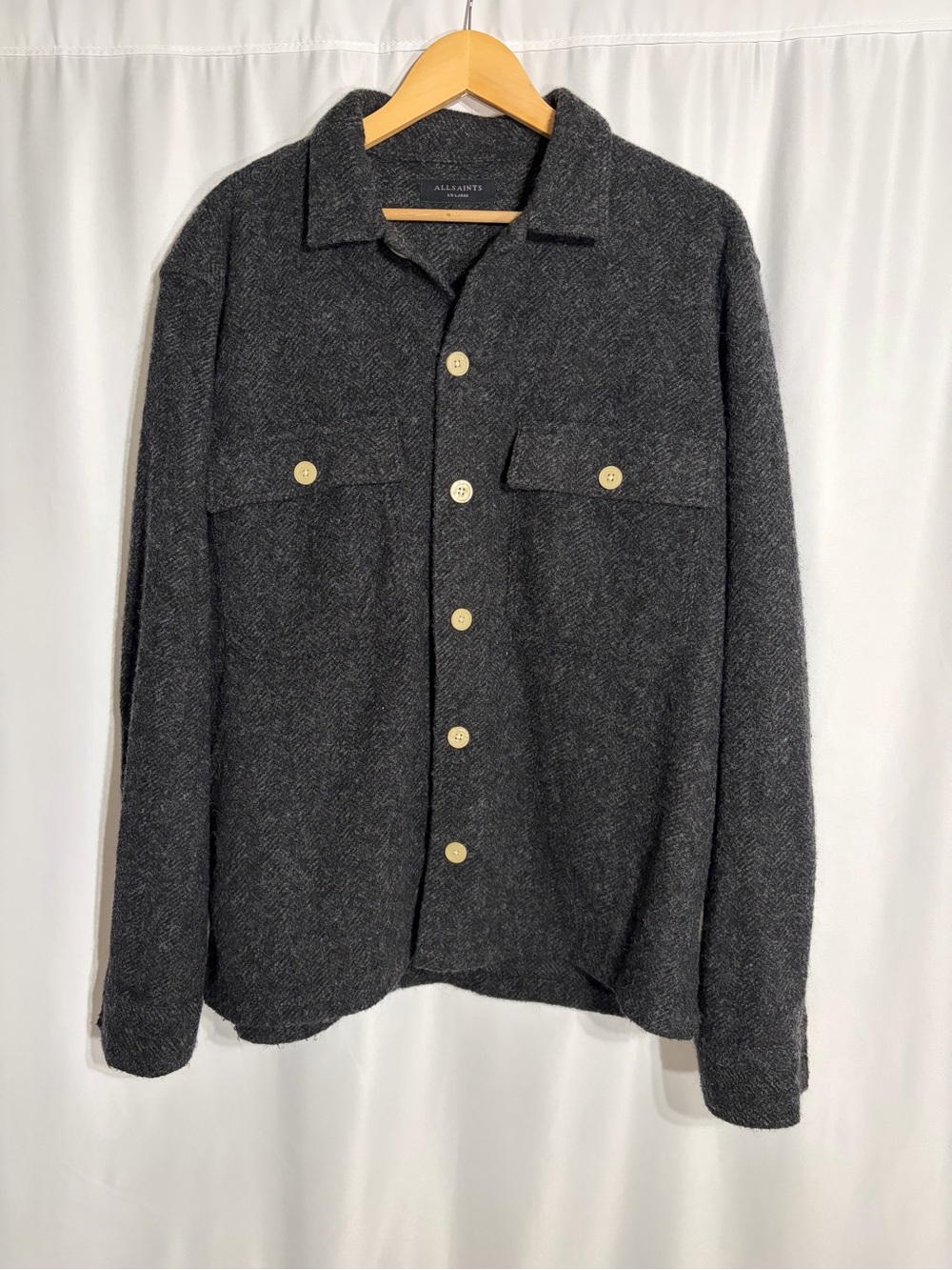 All Saints Charcoal Herringbone Button-Up Shirt Jacket